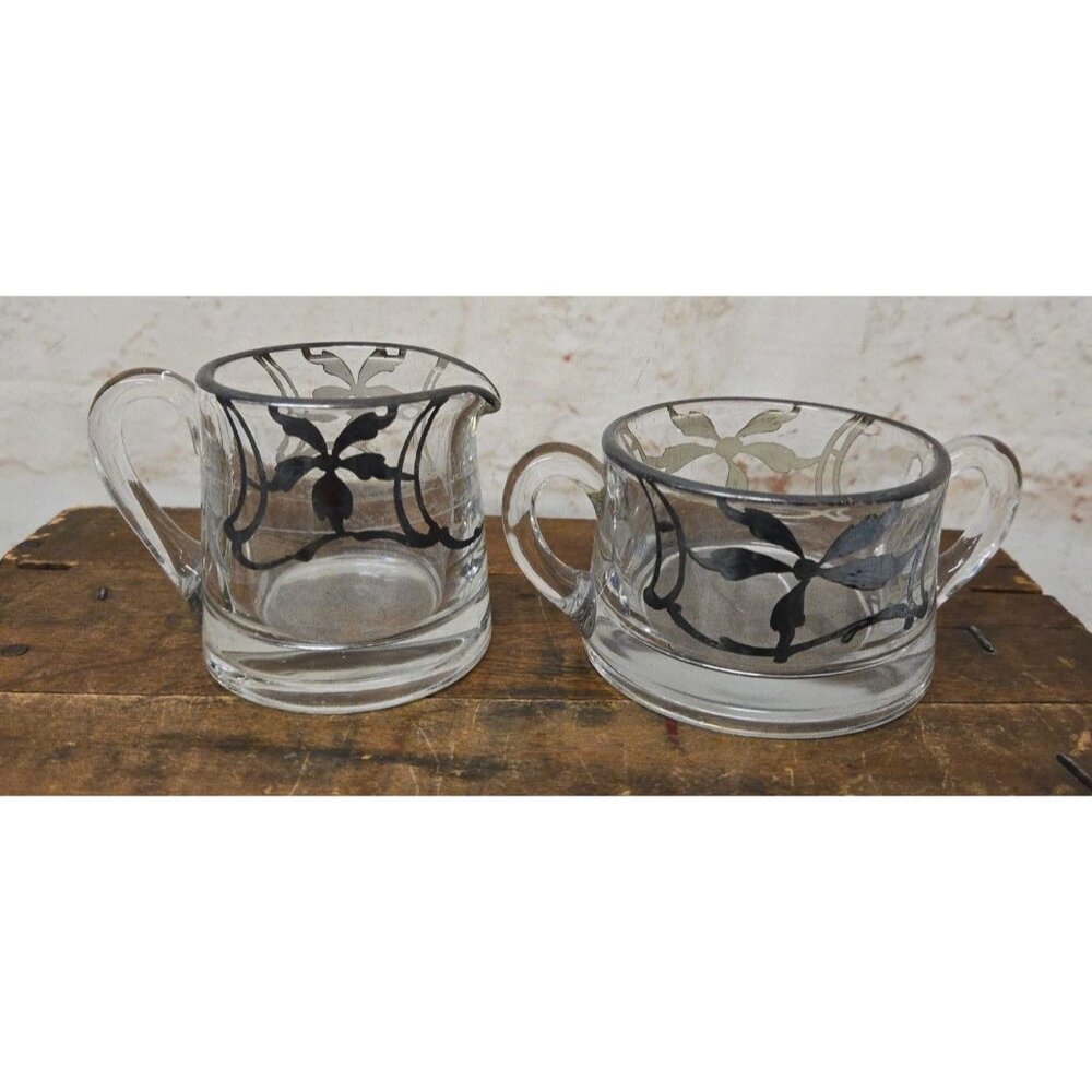 Antique Creamer & Sugar Set Clear Glass with Silver Overlay